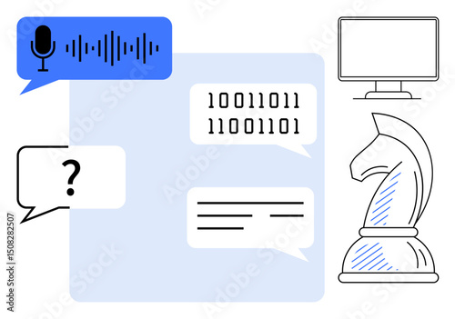 Speech bubbles with voice input, binary code, and text, a chess knight, and a monitor emphasize communication, AI, problem-solving, and strategy. Ideal for creativity teamwork and innovation in