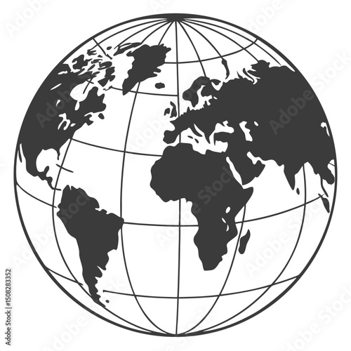 igh-Quality Black and White Globe World Map Clipart: Royalty-Free Vector Illustration for Educational, Business, and Design Projects Focusing on Global Concepts, Geography, and International Themes