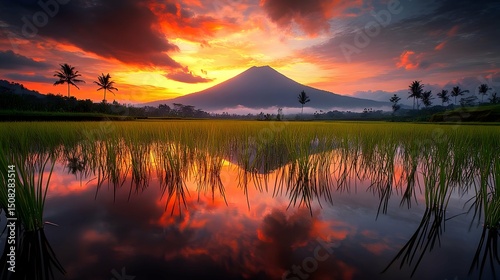 Wallpaper Mural Scenic Rice Field at Sunset with Mountain Silhouette and Reflections in Water Creates a Peaceful Atmosphere and Warm Golden Light Torontodigital.ca