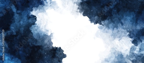 Abstract painting with shades of deep and light blue, framed by white