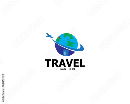 Globe and airplane icon. Airplane flying around the earth. Airplane travel logo. World map icon collection. Vector illustration.