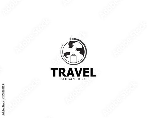Travel logo design combining the luggage and globe and plane with travel, minimalist line logo design.