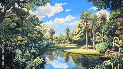 Lush tropical landscape with a lake reflecting the sky and surrounding vegetation.