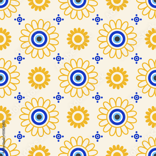 Evil eye Greek seamless pattern. Vector background with blue beads. Turkish nazar - ethnic symbol of protection energy and luck. Mystic amulet with meander ornament. Cute cosmic design