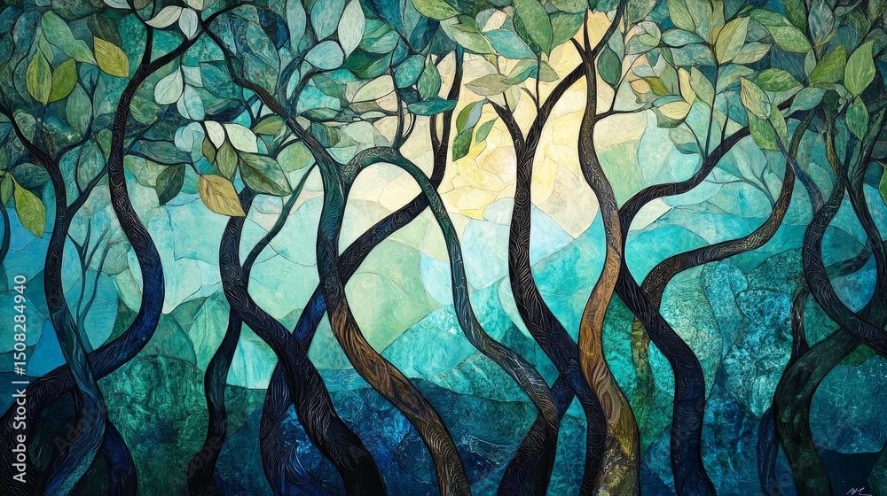 Naklejka premium Abstract painting of trees with green leaves and a blue background.