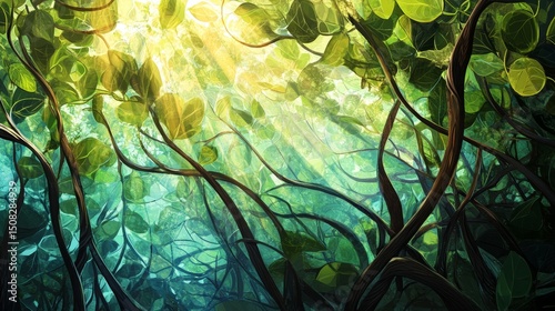 Illustration of sunlight shining through trees with green and blue hues.