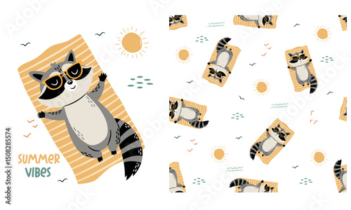 Flat vector illustration in a simple children's style. Cute raccoon lying and sunbathing on a towel with sunglasses, caption. bseshow vector pattern. Set of prints for printing. Vector illustration