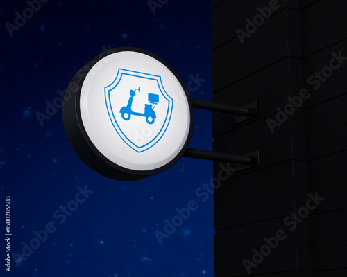Motorcycle with shield icon on hanging black rounded signboard over fantasy night sky, Business motorcycle insurance online concept, 3D rendering