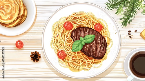 A plate of pasta with grilled meat and herbs, alongside pancakes and coffee.