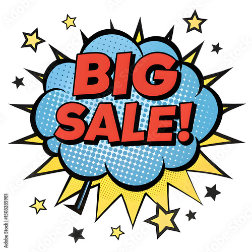 Comic book style big sale explosion with red text blue halftone cloud yellow lightning bolts and stars perfect for advertising and promotional materials for retail sales events