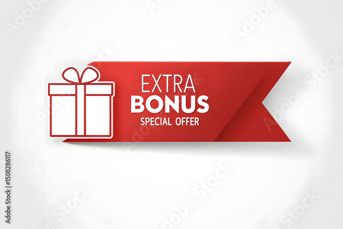 Red Extra Bonus Special Offer Ribbon with Gift Box Icon for Marketing Promotions and Sales Campaigns Perfect for E commerce and Advertising Materials Design