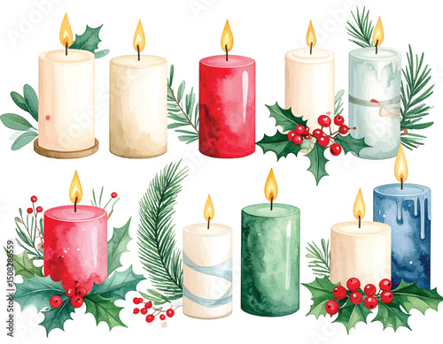Watercolor Christmas candles with poinsettias and holly, festive holiday decorations with candy cane stripes, watercolor illustration	