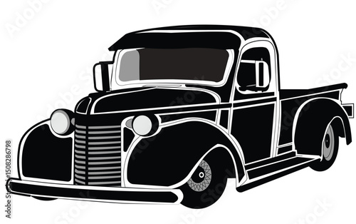 Black and white vector illustration of a vintage classic pickup truck in retro style.