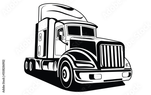 Bold black and white semi truck vector, ideal for transport, freight, or logistics themed designs