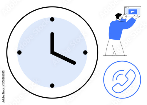 Large clock face representing time, person holding video element, and phone call icon. Ideal for productivity, scheduling, teamwork, communication, digital learning, remote work simple landing page