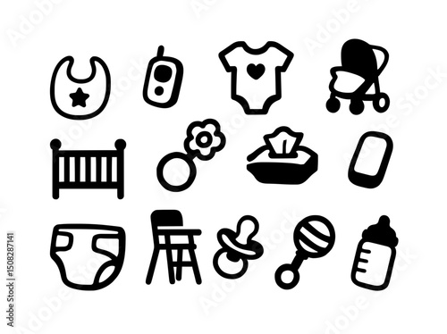 Baby Essentials Icon Pack Flat Monochrome Vector Illustrations of Crib, Pacifier, Diaper, Stroller, Baby Bottle