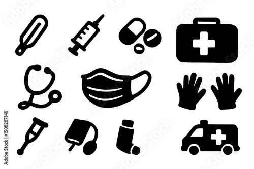 Healthcare and Medical Icon Set Clean Minimal Vector Silhouettes of Syringe, Face Mask, Pills, Inhaler, First Aid Symbols