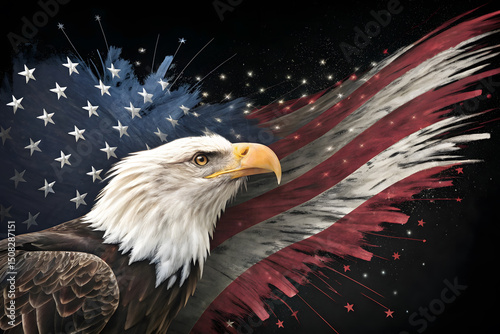 Majestic Bald Eagle Portrait with American Flag and Stars Symbolizing Freedom Patriotism and National Pride Perfect for Patriotic Holidays and Events with a Bold and Powerful Image