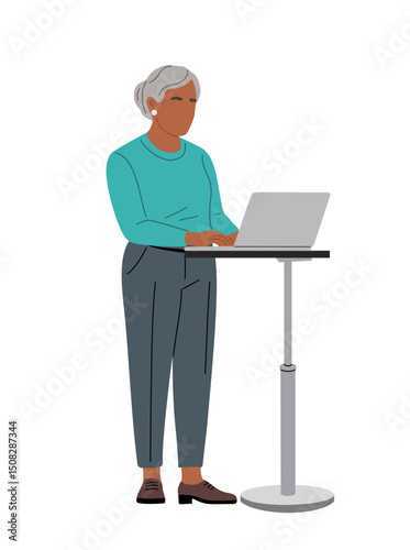 Vector illustration of a senior woman working at an adjustable standing desk with laptop, promoting healthy ergonomics and productivity in home or office workspace.