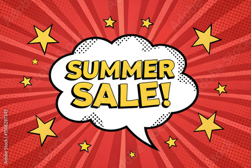 Retro Summer Sale Comic Book Style Design with Red Radial Background Yellow Stars and a White Speech Bubble with Black Halftone Dots for a Fun and Eye Catching Promotion