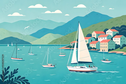 Mediterranean Coastal Scene with Sailboats Featuring Colorful Buildings Mountains and a Calm Sea Evoking a Sense of Peaceful Vacation and Nautical Adventure in a Stylized Illustration