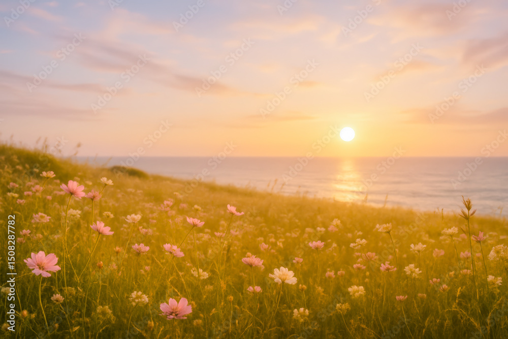 Obraz premium A breathtaking golden-hour seascape featuring a gentle slope of wildflowers overlooking the calm ocean. The warm sunset light bathes the meadow in hues of pink, gold, and orange, evoking peace 