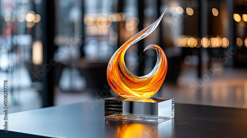 Stunning glass sculpture with elegant swirl design sits on reflective surface, capturing warm ambient light in modern interior setting