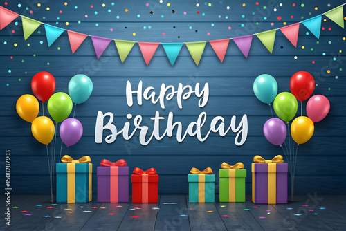Festive Happy Birthday Celebration with Colorful Balloons Gift Boxes Confetti and Pennant Banner on a Blue Wooden Background Perfect for Greeting Cards Invitations and Party Decorations
