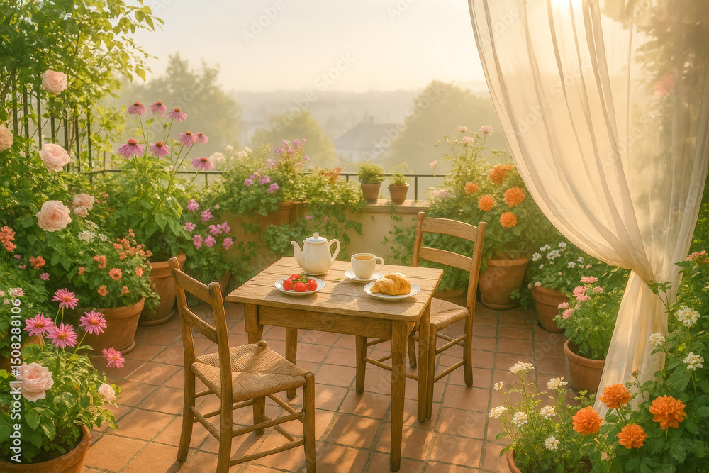 Obraz premium Sun-drenched rooftop terrace garden with blooming flowers, two rustic wooden chairs and a breakfast table set with tea and croissants, surrounded by lush potted plants under flowing curtains