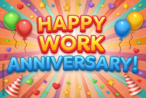 Festive Happy Work Anniversary Celebration with Colorful Balloons Confetti Party Hats Hearts and Stars on a Vibrant Background Perfect for Greeting Cards and Social Media Posts