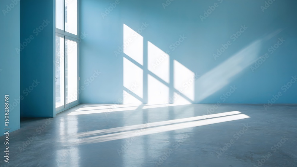 Obraz premium Empty blue room interior with bright sunlight creating shadows on the floor and wall