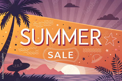 Vibrant Summer Sale Illustration with Tropical Beach Scene Featuring Palm Trees Sunset and Playful Graphic Elements in Warm Tones Perfect for Seasonal Promotions and Advertising Campaigns