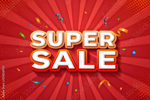 Vibrant Super Sale Promotion on Red Burst Background with Confetti Perfect for Retail Marketing Campaigns and Seasonal Discount Advertising to Attract Customers and Boost Sales Revenue