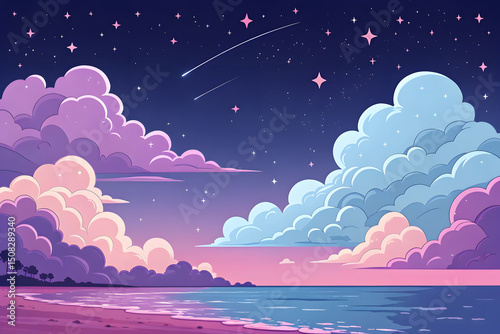 Dreamy Seaside Landscape with Pastel Clouds and Starry Night Featuring a Tranquil Ocean Soft Colors and a Whimsical Atmosphere Perfect for Fantasy and Relaxation Themes