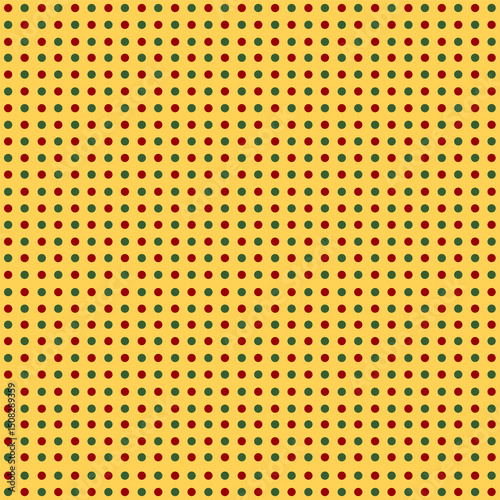 Polka dot: A seamless pattern red and green polka dot on yellow background, gift card, textiles.