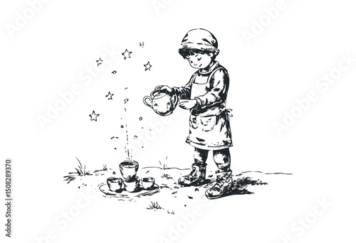 Young caucasian child pouring tea into cups with stars above. Vector retro hand drawn illustration