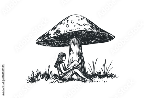 Young female reading under giant mushroom illustration in nature setting. Vector retro hand drawn illustration