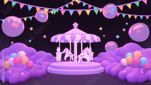 3D render cartoon carousel balloons party night.