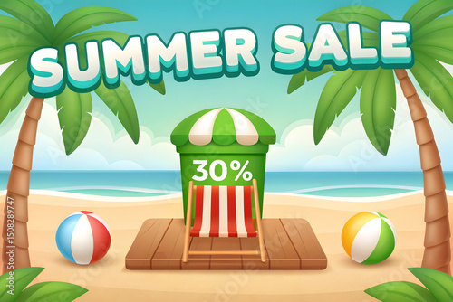 Cartoon Summer Sale Illustration with Beach Palm Trees and 30 Percent Discount perfect for advertising and marketing campaigns for seasonal promotions and holiday sales events with a fun vibrant style
