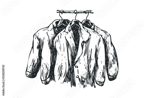 Collection of hanging shirts on clothing rack line art illustration. Vector retro hand drawn illustration