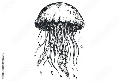 Detailed black and white illustration of a jellyfish with long tentacles. Vector retro hand drawn illustration