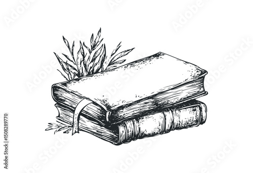 Vintage sketch of two stacked books with bookmarks and leaves. Vector retro hand drawn illustration