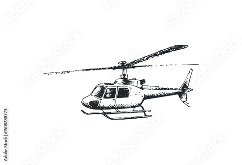 Detailed sketch of a helicopter in flight with rotating blades. Vector retro hand drawn illustration