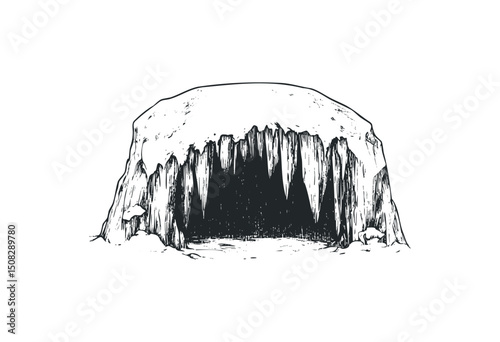 Snow-covered ice cave illustration with icicles hanging down. Vector retro hand drawn illustration