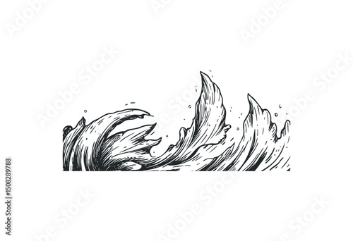 Dynamic ocean wave illustration with artful swirls. Vector retro hand drawn illustration
