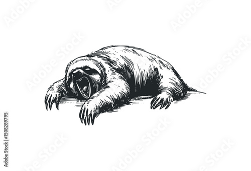 Yawning sloth illustration with detailed fur and claws. Vector retro hand drawn illustration