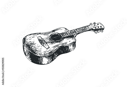 Detailed sketch of an acoustic guitar with strings and tuning pegs. Vector retro hand drawn illustration