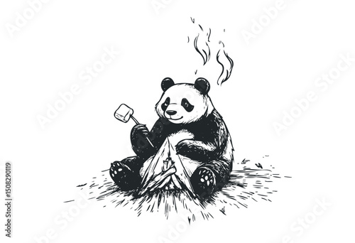 Panda toasts marshmallow over campfire in adorable sketch illustration. Vector retro hand drawn illustration