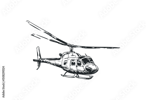 Sketch of a helicopter with rotors in motion. Vector retro hand drawn illustration