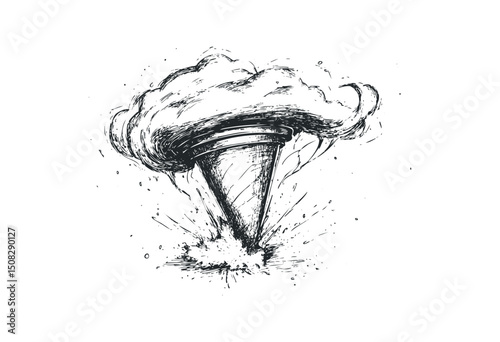 Dynamic black tornado sketch with explosive energy and detailed swirling motion. Vector retro hand drawn illustration